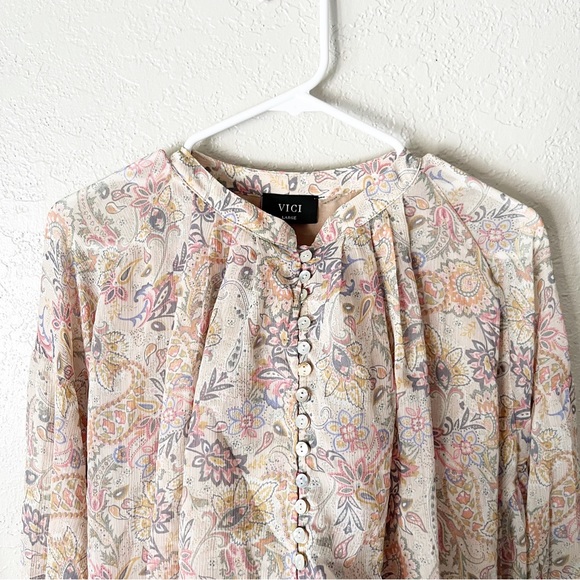 VICI Paisley Floral Button Front Cropped Balloon Sleeve Blouse L Bohemian Boho - Picture 4 of 10